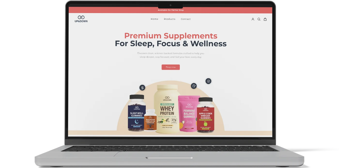 Website pricing: Up&Down Supplements store on a MacBook