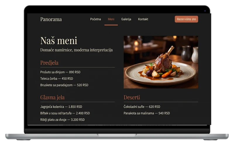 Restoran Panorama – strana menija sa cenama