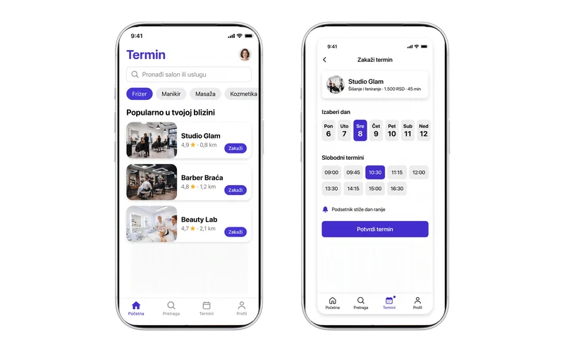 Mobilna aplikacija Termin za zakazivanje, dva iPhone ekrana